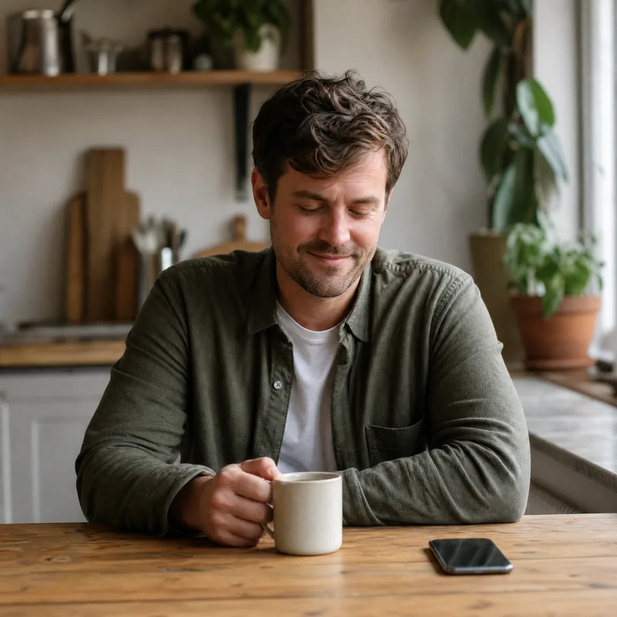 A host at home, phone face down, not on call
